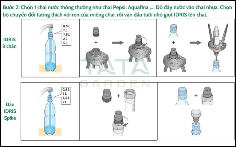 Gắn đầu tưới nhỏ giọt IDRIS vào chai nước