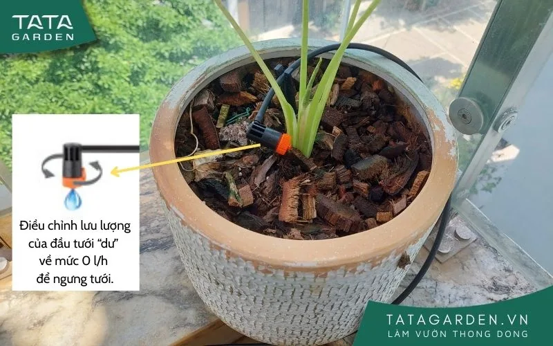 Khóa đầu tưới bằng cách điều chỉnh lưu lượng nước về 0 L/h.