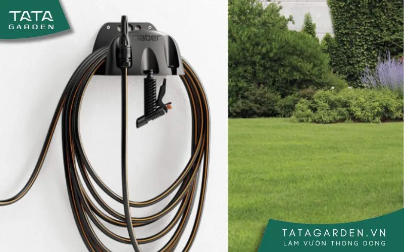 Dây tưới được máng gọn gàng trên tường nhờ máng treo Claber 8866