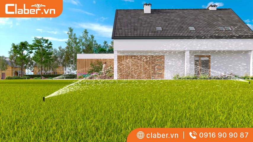 Hệ thống tưới phun mưa tạo nên các cơn mưa nhân tạo tưới ướt cây