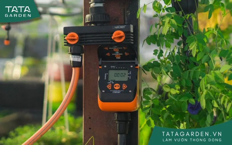 Hình ảnh gắn timer vào bộ chia vòi nước trong thực tế