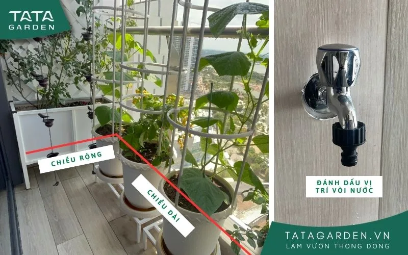 Đo chiều dài, chiều rộng của ban công và đánh dấu vị trí vòi nước