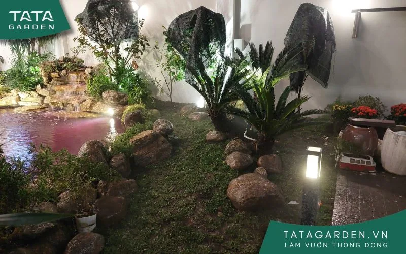 Sân vườn đang cần cải tạo hệ thống tưới cây tự động của nhà khách