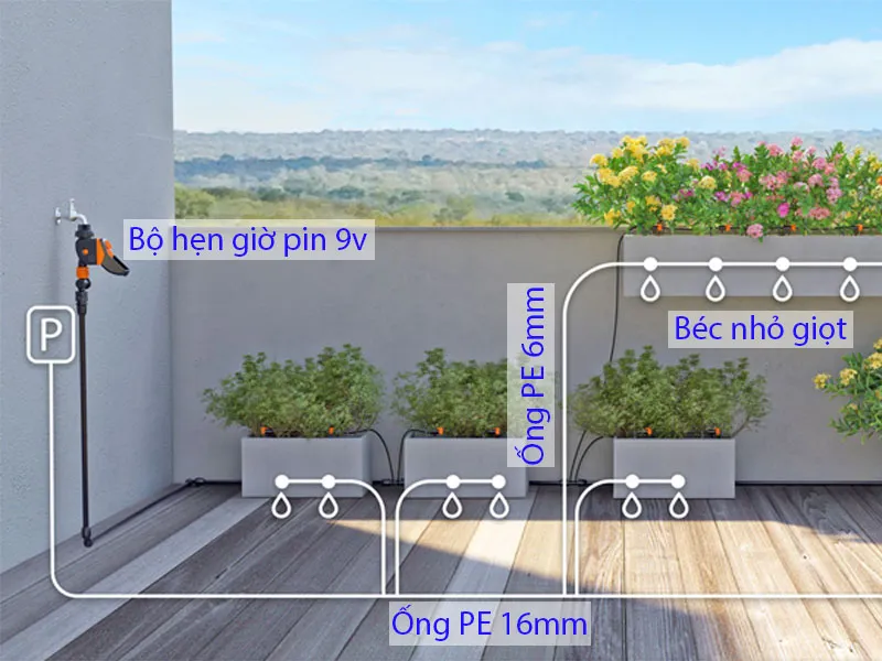 Sơ đồ hệ thống tưới tự động nhỏ giọt dành cho sân thượng, ban công, chậu cây