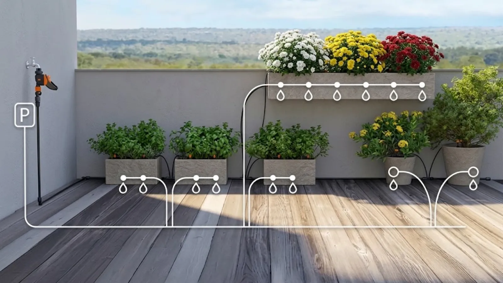 Sơ đồ hệ thống tưới tự động nhỏ giọt đơn giản cho sân thượng