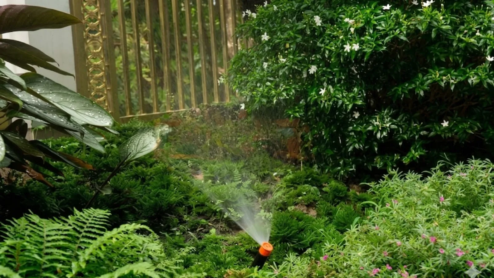 Đầu phun được lắp với góc nghiêng thích hợp để tưới toàn bộ rặng cây