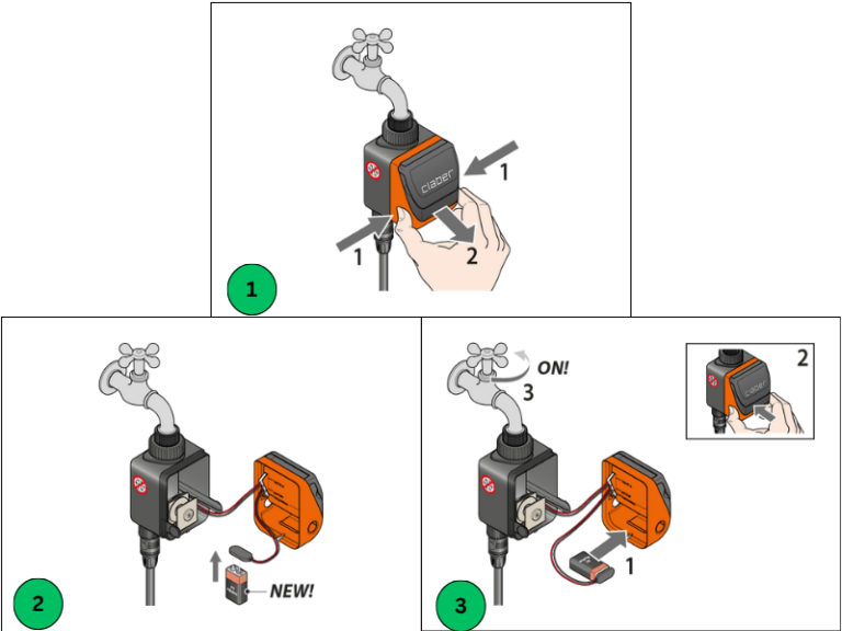 Lắp pin và mở nguồn nước